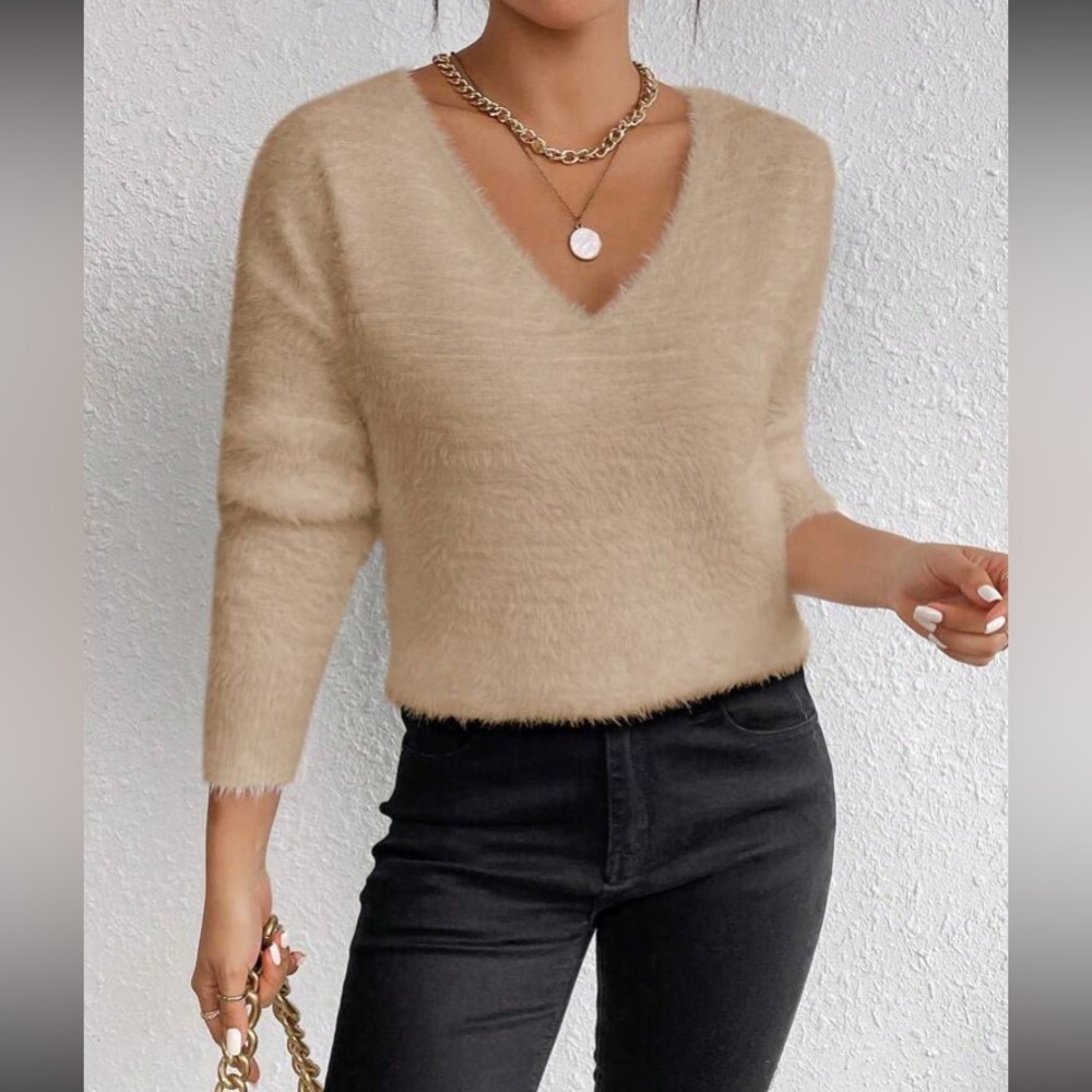 Tan Khaki V-Neck Soft Knit Sweater
